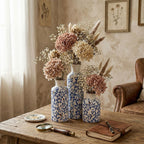 Blue Ceramic Vase Set - 3 Blue Small Vases, Farmhouse Country Flower Vase Home Decor, Living Room Decoration, Table Decoration, Fireplace Decor, and Entrance Decorations Centerpieces