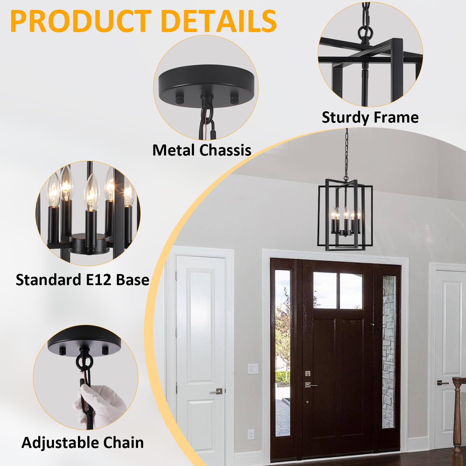 Black Gold Chandelier for Dining Room, Modern Farmhouse 3 Light Entryway Pendant Light Fixture Adjustable Geometric Industrial Rustic Foyer Light for Living Room Kitchen Island Hallway Bedroom