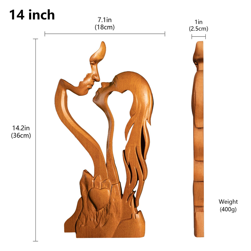 BGCOPPER Wooden Kissing Couple Ornament, Abstract Couple Portrait Sculpture Romantic Love Statue Decor Gift for Women Anniversary Valentine Wedding - 10 Inch