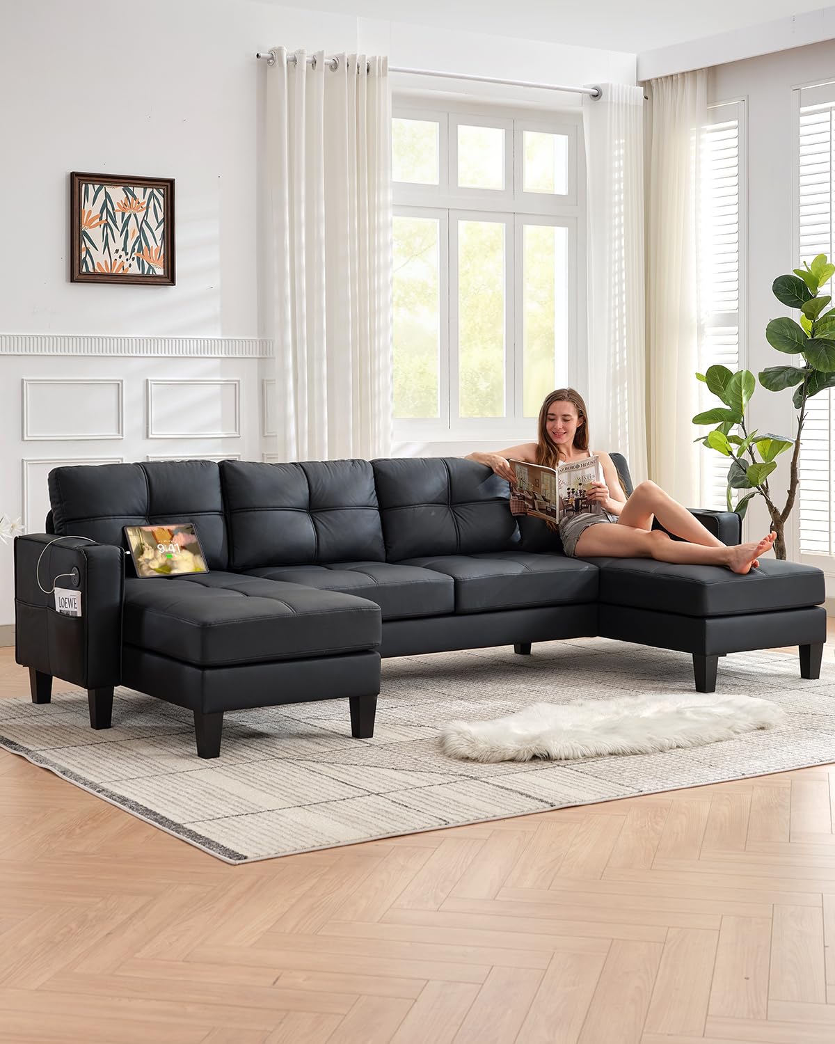 TYBOATLE 88" W Blue Faux Leather L Shaped Sectional Couches w/Side Pockets, Comfy Modular Convertible Sofas w/USB, Office Sofa Set with Chaise for Living Room, Bedroom (Blue, 3L)