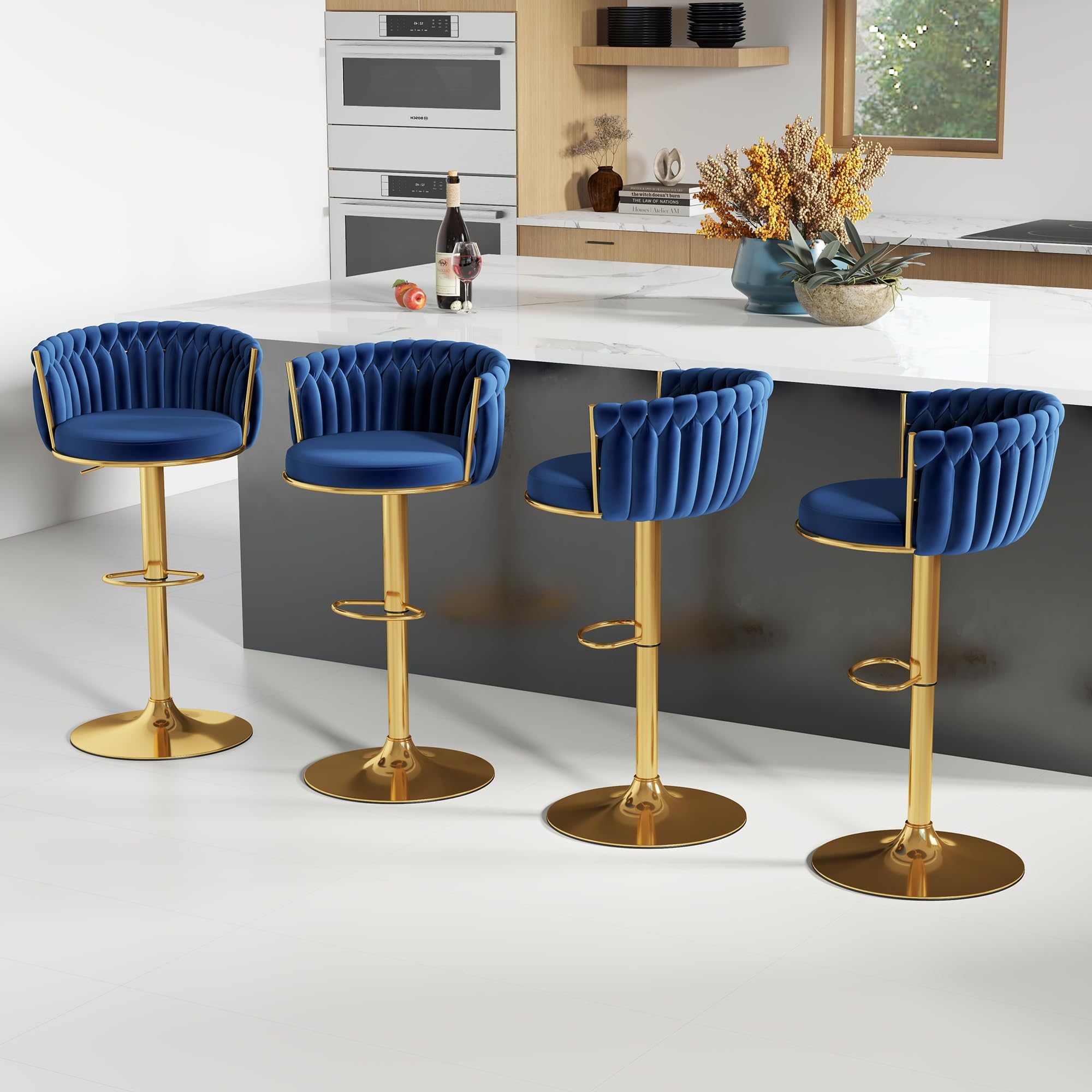 ABET Gold Bar Stool Set of 2, Velvet Swivel Barstools, Height Adjustable Counter Stools with Woven Back, Upholstered Modern Luxury Kitchen Stools with Footrest for Cafe, Pub, Black