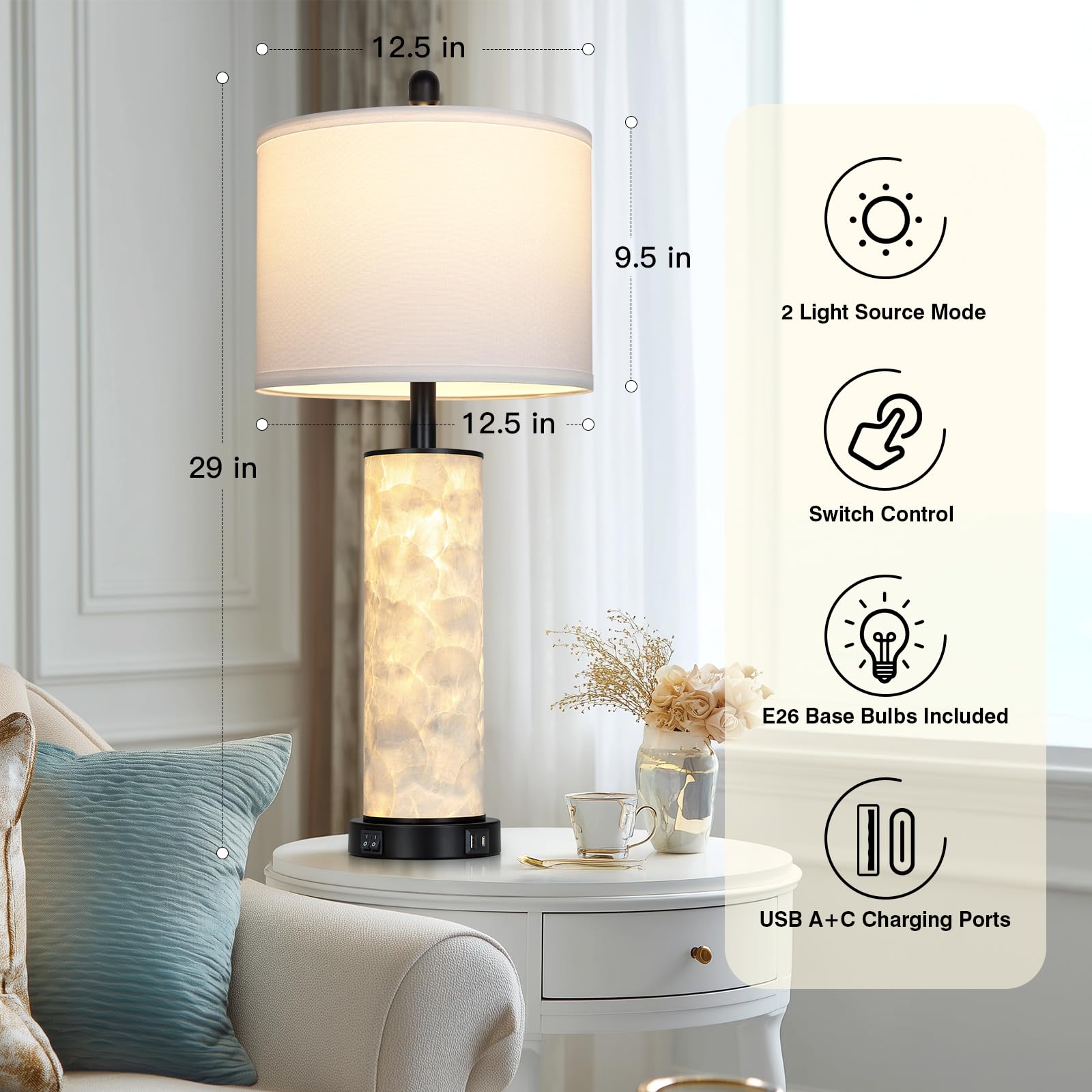 29" Gold Modern Table Lamps Set of 2, 3-Way Dimmable Touch Lamps for Nightstand with USB A+C & Outlets,Brass Lamps for Living Room, Bedroom, Nightstand, Entryway(2 Bulbs Included)