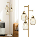 Dimmable Floor Lamp, Industrial Floor Lamps for Living Room, Gold Tree Lamp Standing Lamp Tall Lamps with 3 Elegant Teardrop Cage Head & 800 Lumens LED Bulbs for Living room Bedroom Office Dining Room