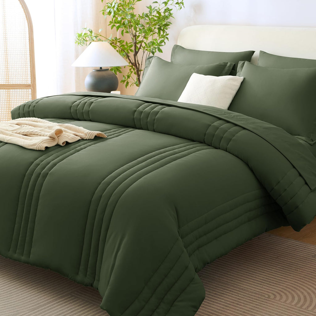 CozyLux Queen Size Comforter Sets - 7 Piece Bed in a Bag Olive Green Comforter Set with Sheets Luxury Bed Set All Seasons, Soft Bedding Set with Down Alternative Comforter, Sheets, Pillowcases & Shams