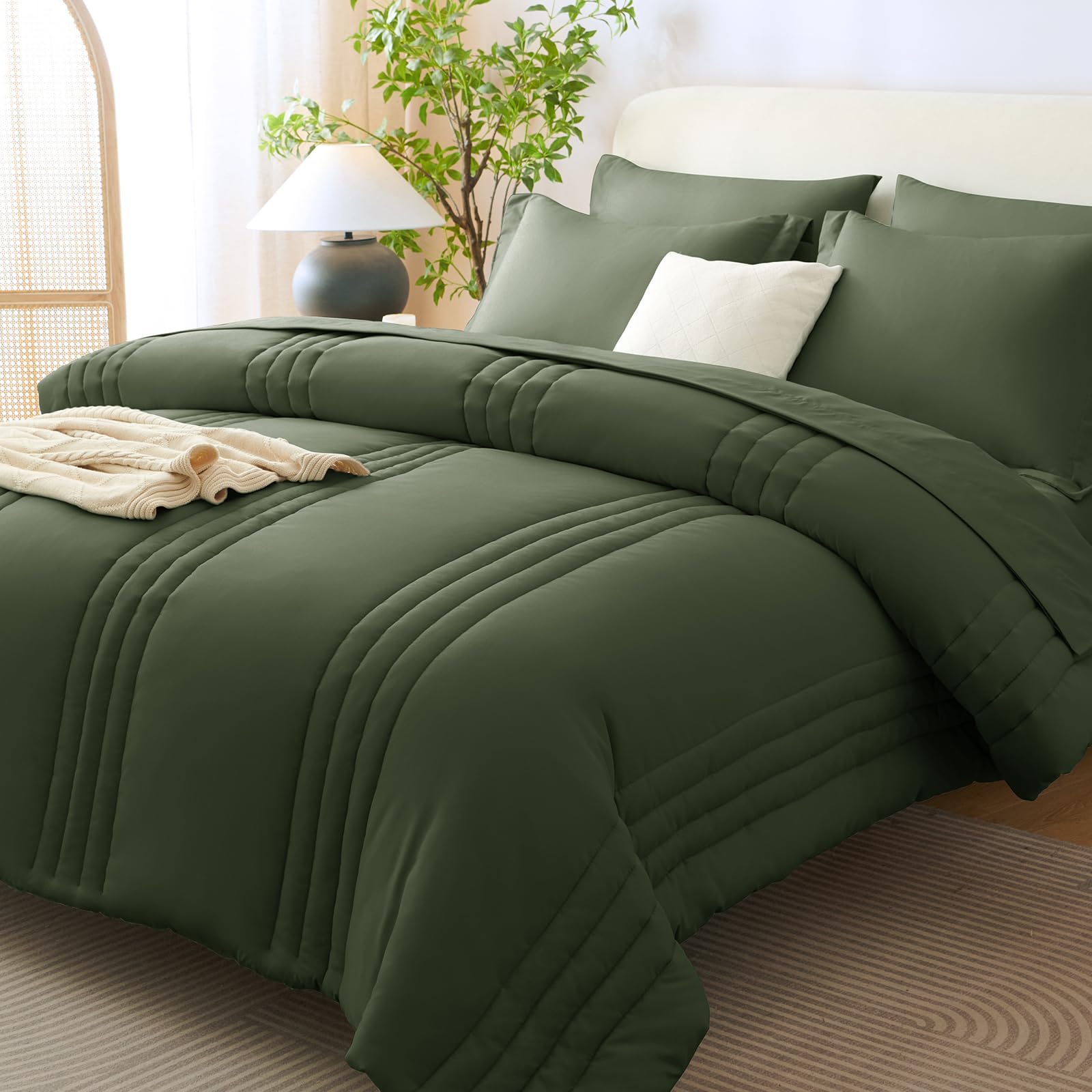 CozyLux Queen Size Comforter Sets - 7 Piece Bed in a Bag Olive Green Comforter Set with Sheets Luxury Bed Set All Seasons, Soft Bedding Set with Down Alternative Comforter, Sheets, Pillowcases & Shams