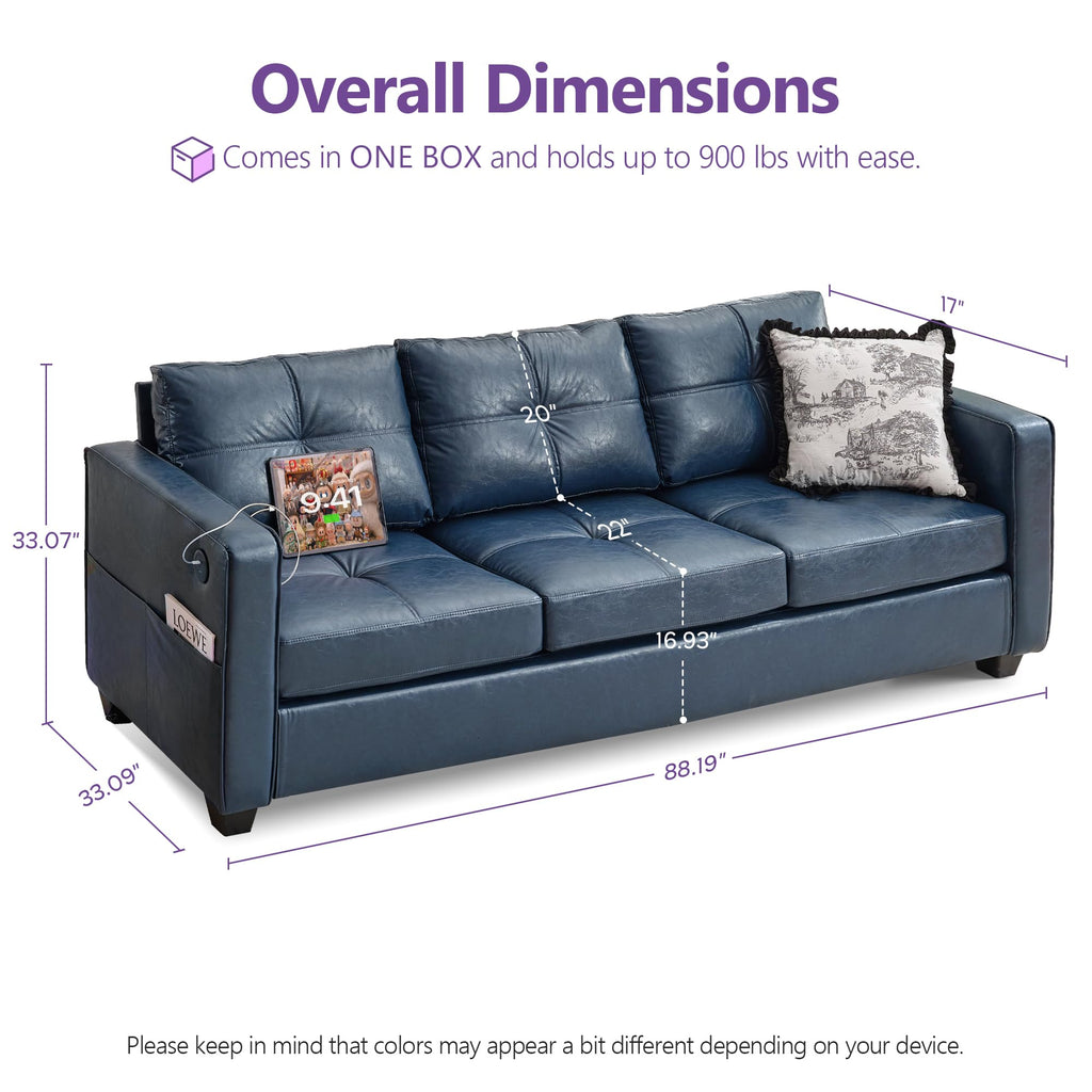 TYBOATLE 88" W Blue Faux Leather L Shaped Sectional Couches w/Side Pockets, Comfy Modular Convertible Sofas w/USB, Office Sofa Set with Chaise for Living Room, Bedroom (Blue, 3L)