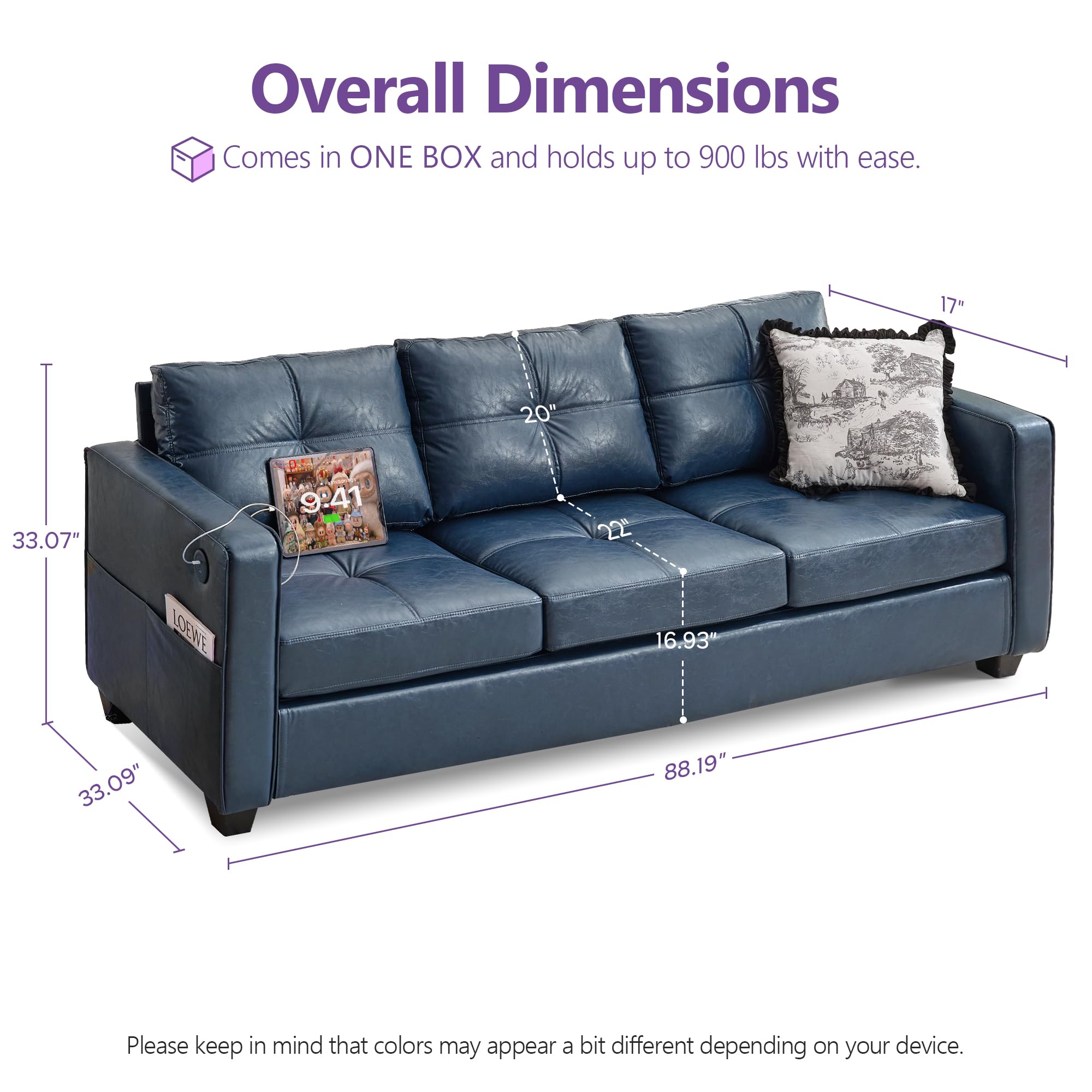 TYBOATLE 88" W Blue Faux Leather L Shaped Sectional Couches w/Side Pockets, Comfy Modular Convertible Sofas w/USB, Office Sofa Set with Chaise for Living Room, Bedroom (Blue, 3L)