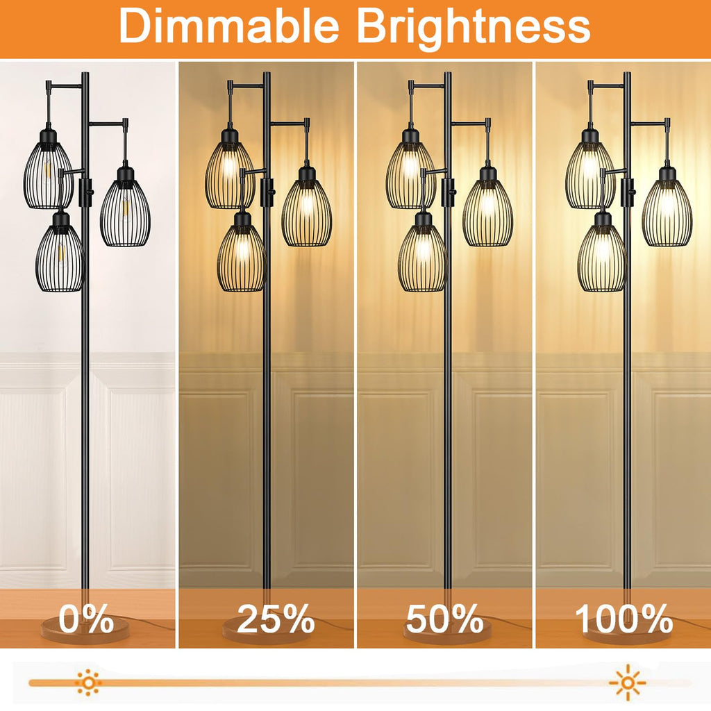 Dimmable Floor Lamp, Industrial Floor Lamps for Living Room, Gold Tree Lamp Standing Lamp Tall Lamps with 3 Elegant Teardrop Cage Head & 800 Lumens LED Bulbs for Living room Bedroom Office Dining Room