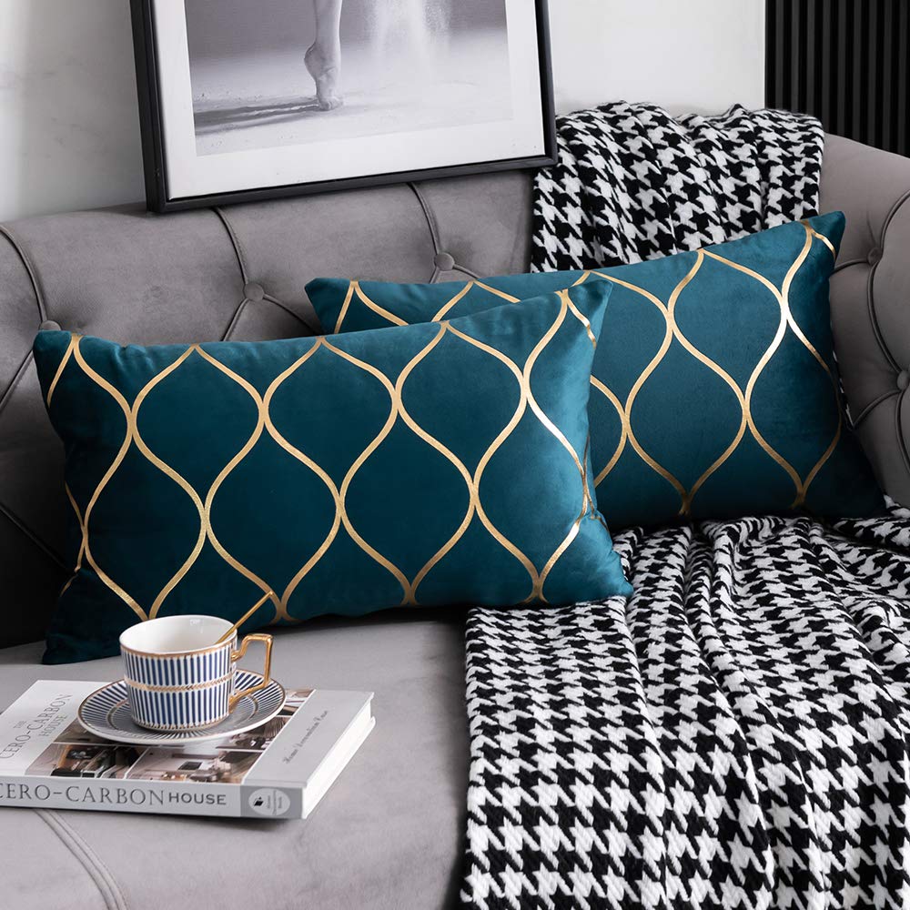 DEZENE 12x20 Inch Gold Velvet Throw Pillow Covers: 2 Pack Rectangular Decorative Pillow Cases for Bedroom Sofa Couch Living Room, Black