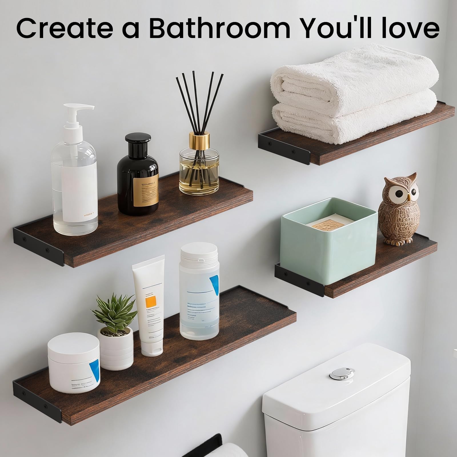 BAYKA Floating Shelves for Bedroom Decor, Wall Shelves for Storage, Wall Mounted Rustic Wood Floating Shelf for Books,Corner Shelf for Bathroom,Kitchen,Living Room(Black and Gold，Set of 4)