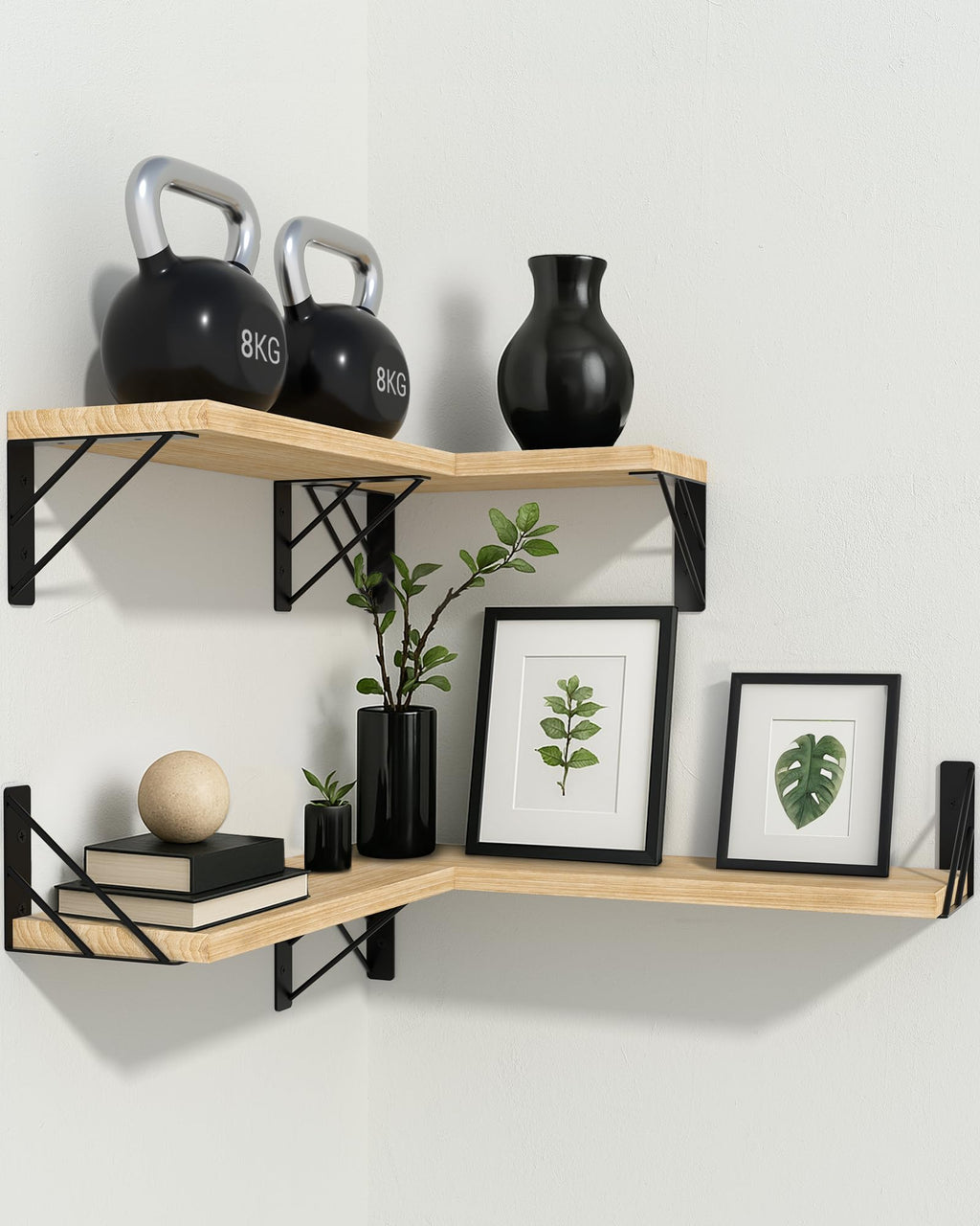 BAYKA Floating Shelves for Bedroom Decor, Wall Shelves for Storage, Wall Mounted Rustic Wood Floating Shelf for Books,Corner Shelf for Bathroom,Kitchen,Living Room(Black and Gold，Set of 4)