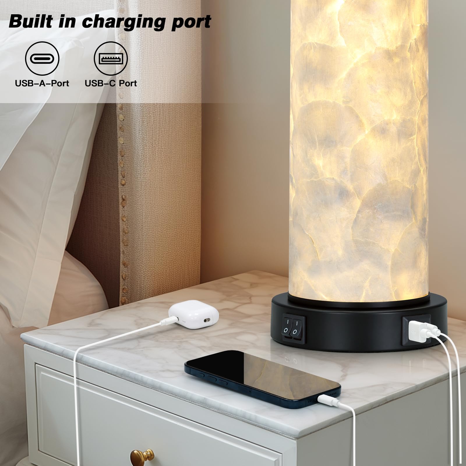 29" Gold Modern Table Lamps Set of 2, 3-Way Dimmable Touch Lamps for Nightstand with USB A+C & Outlets,Brass Lamps for Living Room, Bedroom, Nightstand, Entryway(2 Bulbs Included)