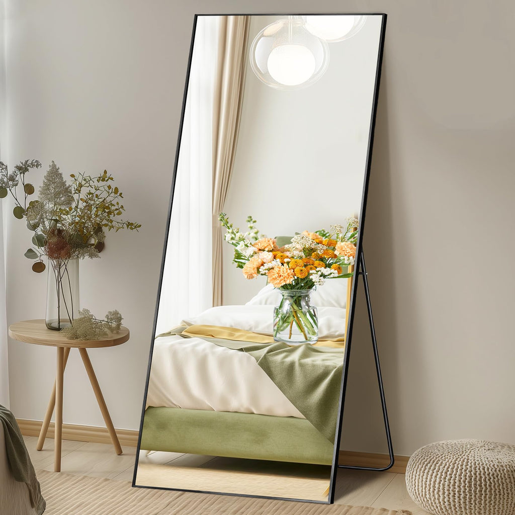 DUMOS Arched Full Length Mirror with Stand 64"x21" Floor Standing Aluminum Frame for Bedroom Body Hanging Leaning Modern Simple Home Decor Shatter-proorf Nano Glass Wall Living Room Cloakroom Black