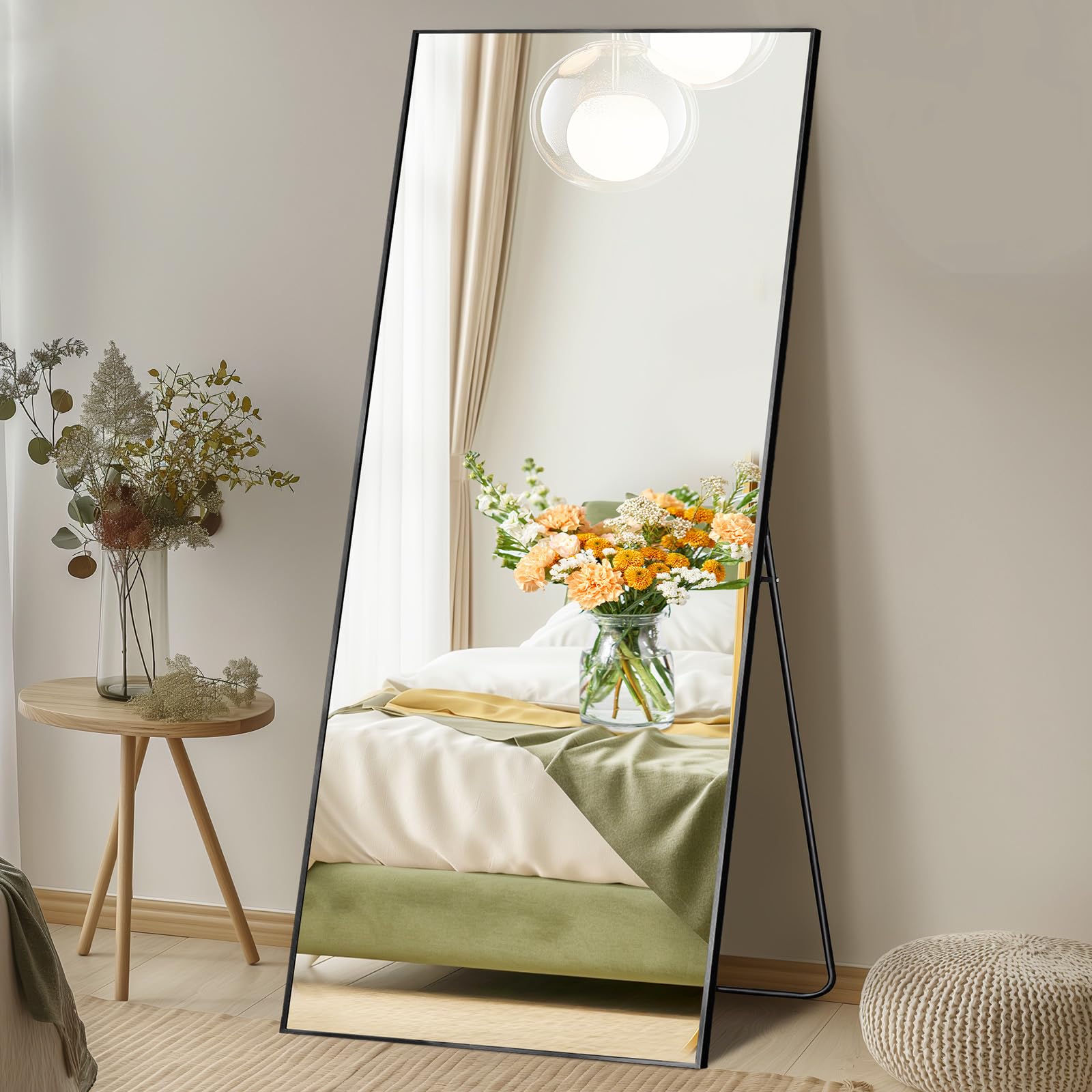 DUMOS Arched Full Length Mirror with Stand 64"x21" Floor Standing Aluminum Frame for Bedroom Body Hanging Leaning Modern Simple Home Decor Shatter-proorf Nano Glass Wall Living Room Cloakroom Black