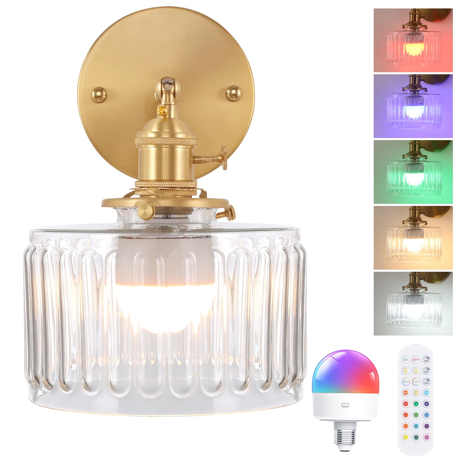 Shenmoyl Vintage Wall Sconce Wall Lamp with Amber Striped Glass Shade Hanging Wall Sconce with 4.9FT Plug in Cord, Modern Wall Lamp Fixtures Decor for Bedside Bedroom Indoor Doorway