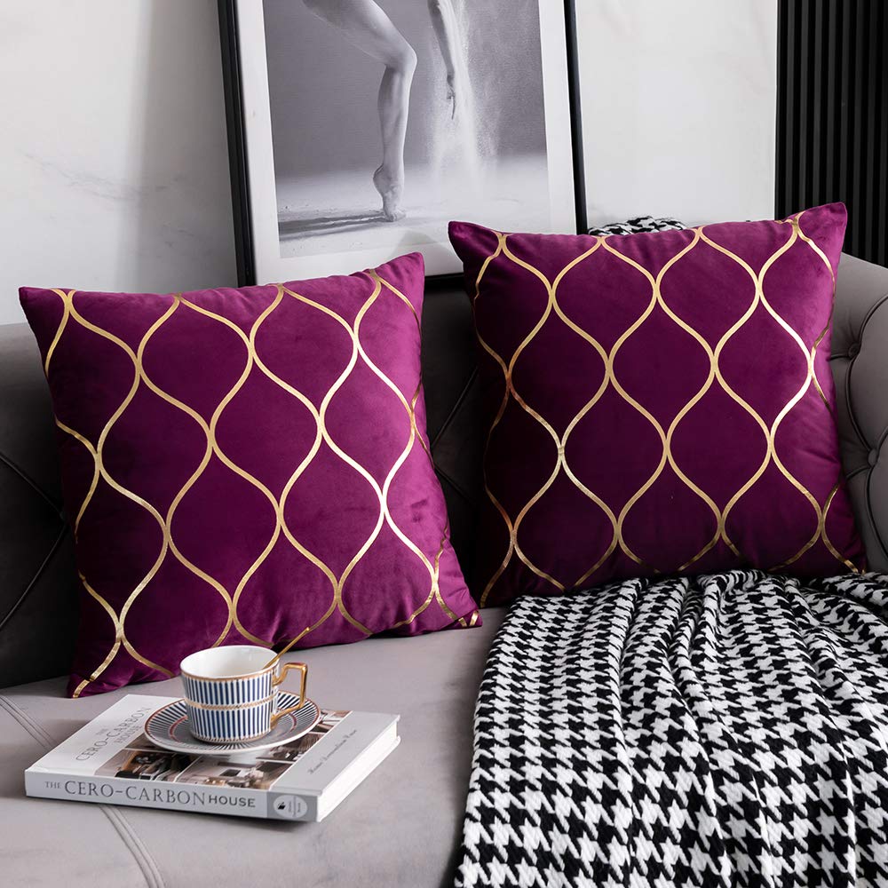 DEZENE 12x20 Inch Gold Velvet Throw Pillow Covers: 2 Pack Rectangular Decorative Pillow Cases for Bedroom Sofa Couch Living Room, Black