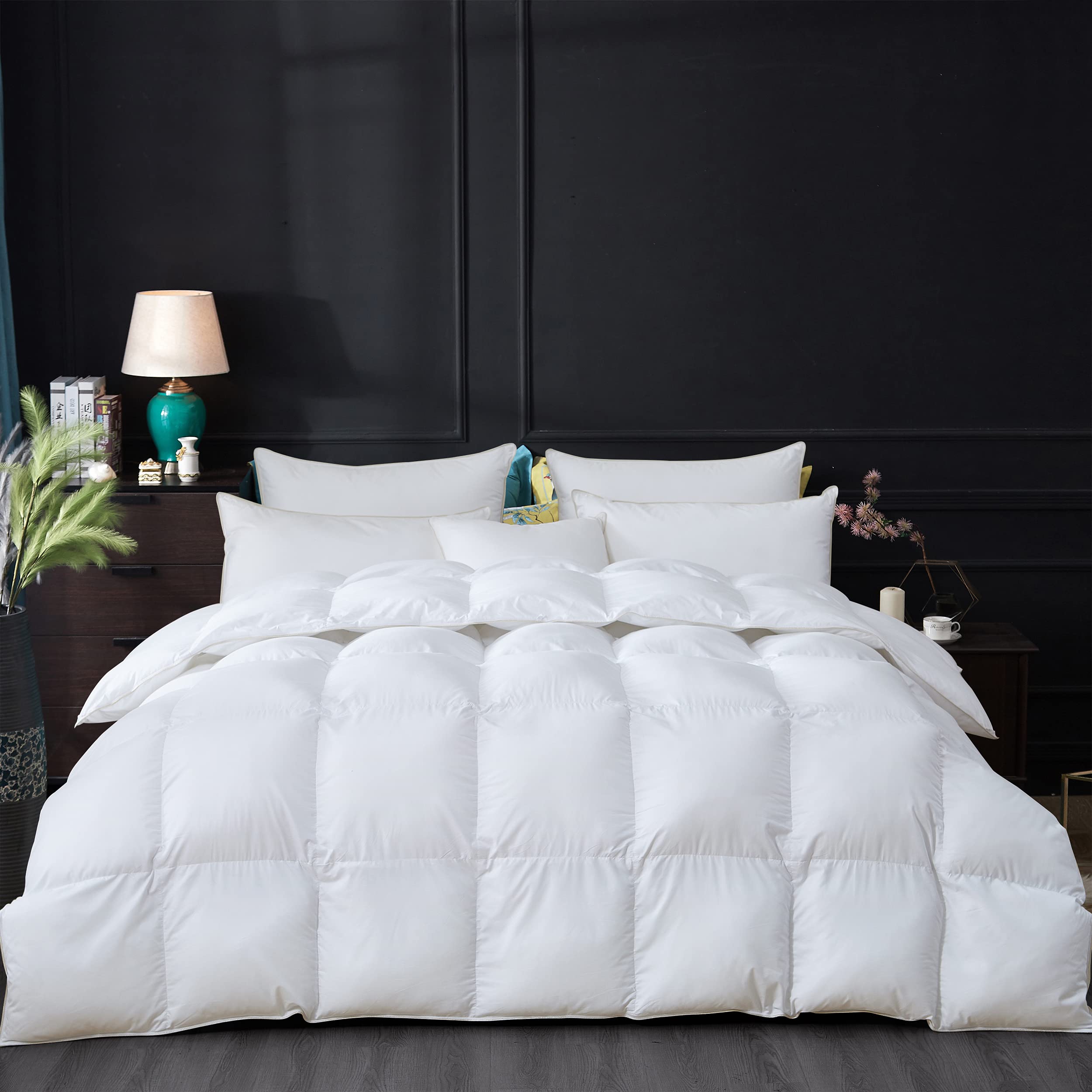Luxurious White Solid Heavy Weight, Palatial King Size Goose Feathers Down Comforter for Winter Weather, 120 X 98 inches, Premium Baffle Box, 100% Egyptian Cotton Cover, 95 oz. Fill Weight