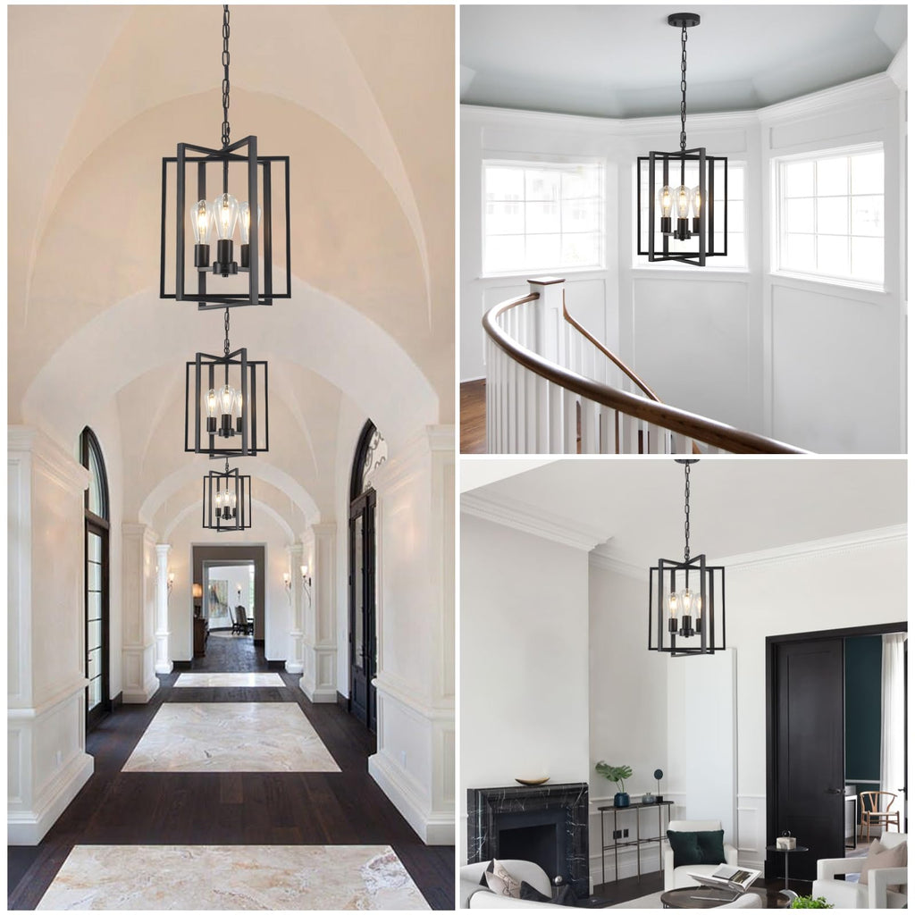 Black Gold Chandelier for Dining Room, Modern Farmhouse 3 Light Entryway Pendant Light Fixture Adjustable Geometric Industrial Rustic Foyer Light for Living Room Kitchen Island Hallway Bedroom