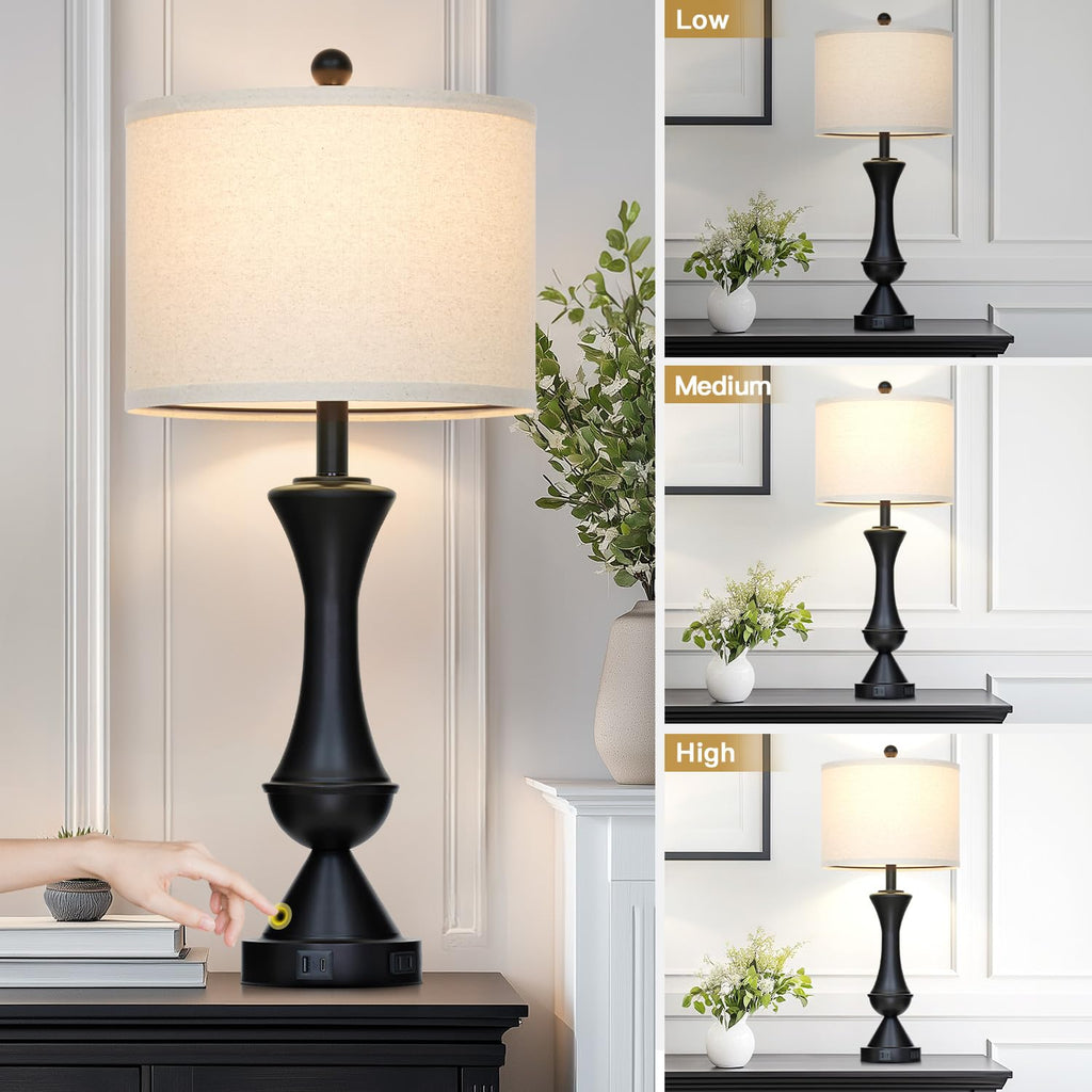 29" Gold Modern Table Lamps Set of 2, 3-Way Dimmable Touch Lamps for Nightstand with USB A+C & Outlets,Brass Lamps for Living Room, Bedroom, Nightstand, Entryway(2 Bulbs Included)
