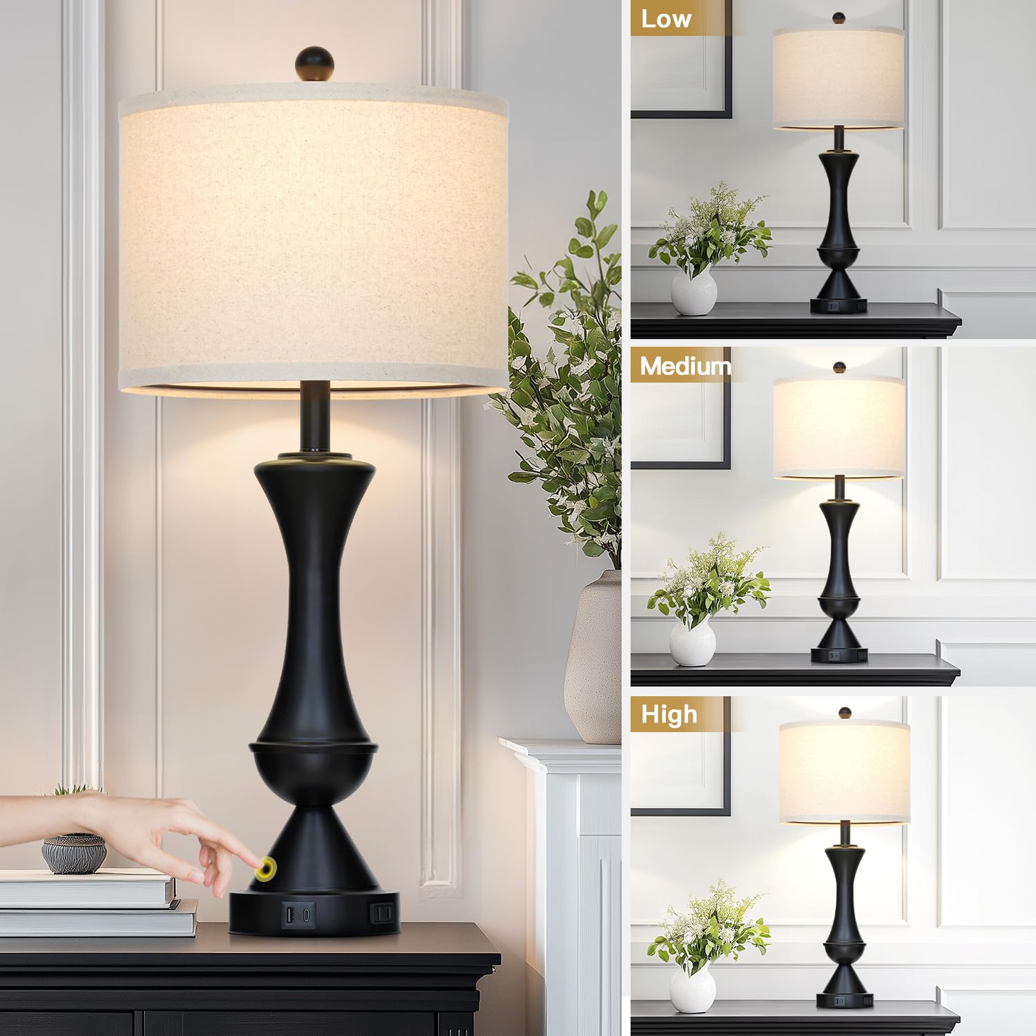 29" Gold Modern Table Lamps Set of 2, 3-Way Dimmable Touch Lamps for Nightstand with USB A+C & Outlets,Brass Lamps for Living Room, Bedroom, Nightstand, Entryway(2 Bulbs Included)