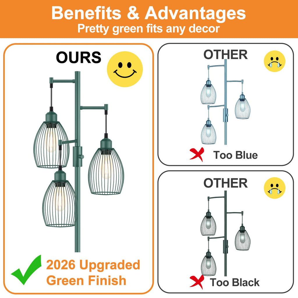 Dimmable Floor Lamp, Industrial Floor Lamps for Living Room, Gold Tree Lamp Standing Lamp Tall Lamps with 3 Elegant Teardrop Cage Head & 800 Lumens LED Bulbs for Living room Bedroom Office Dining Room