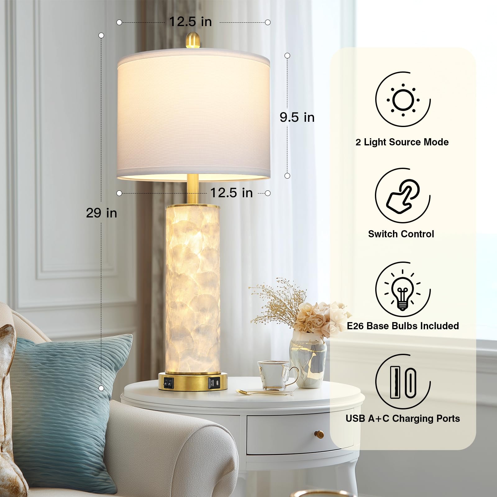 29" Gold Modern Table Lamps Set of 2, 3-Way Dimmable Touch Lamps for Nightstand with USB A+C & Outlets,Brass Lamps for Living Room, Bedroom, Nightstand, Entryway(2 Bulbs Included)