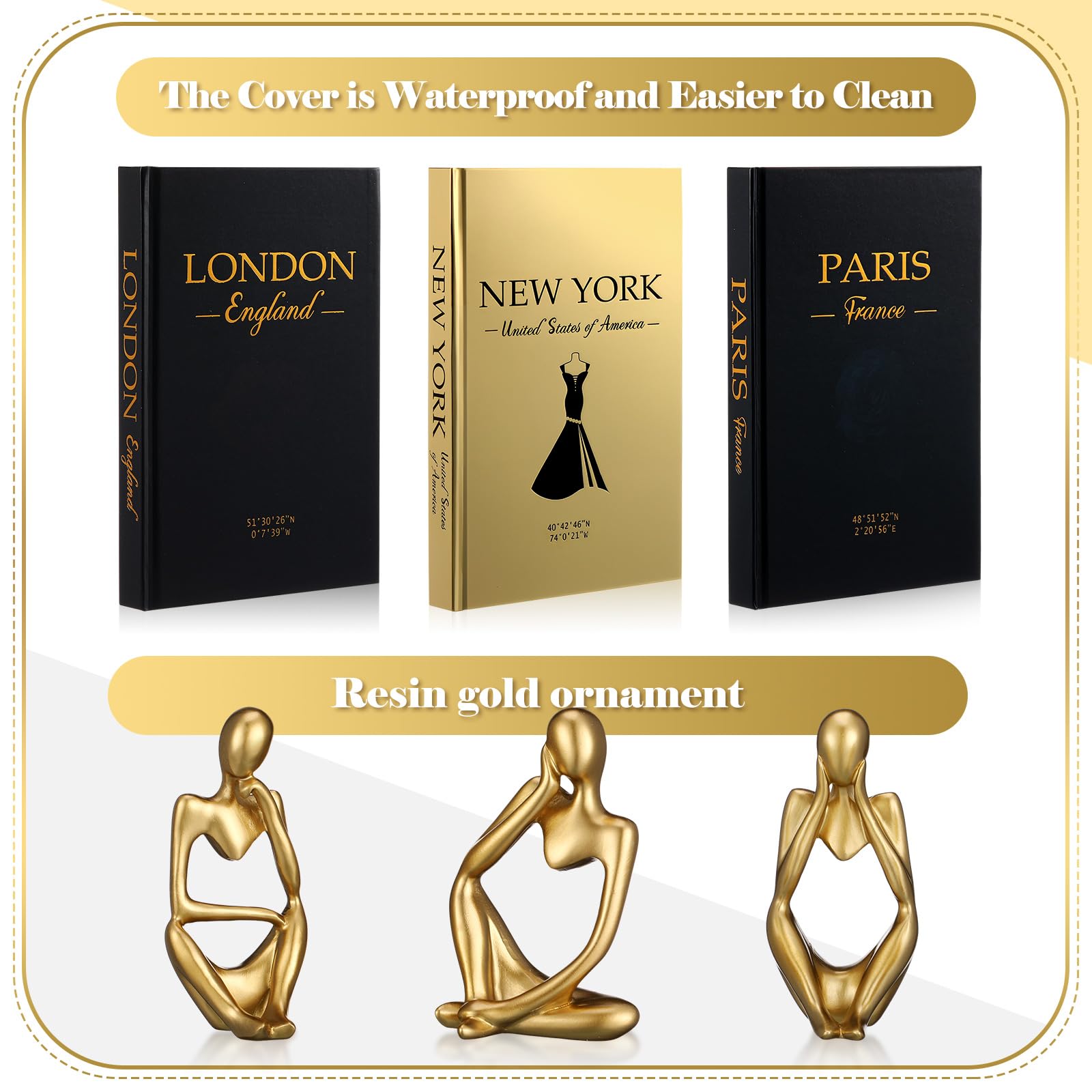 Feifeiya 6 Pcs Gold and Black Color Decorative Book & Thinker Statue Set - 3 Books Accents 3 Thinker Abstract Art Sculpture Home Decoration for Living Room Bookshelf Table Decor