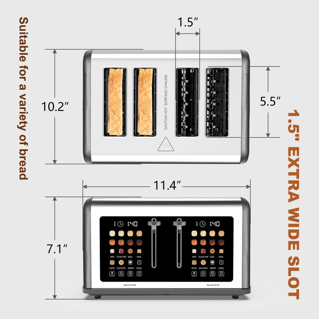 4 Slice Toaster Touch Screen, Stainless Steel Toasters Digital Timer, Dual Control Panel Toasters, 8 Shade Settings 6 Bread Types for Bagel, Cancel, Defrost 1650W