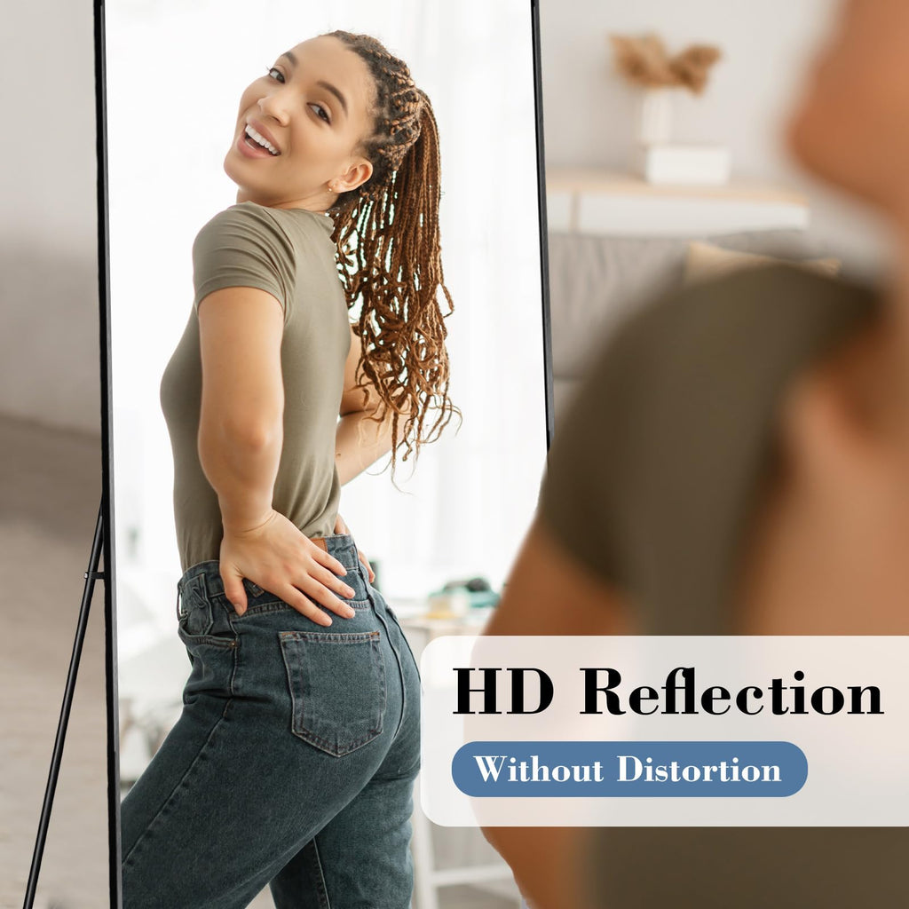 DUMOS Arched Full Length Mirror with Stand 64"x21" Floor Standing Aluminum Frame for Bedroom Body Hanging Leaning Modern Simple Home Decor Shatter-proorf Nano Glass Wall Living Room Cloakroom Black