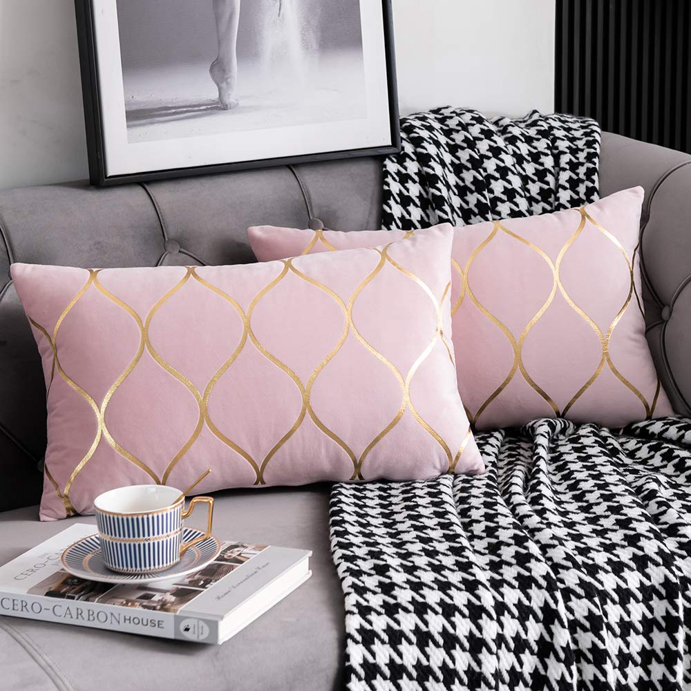 DEZENE 12x20 Inch Gold Velvet Throw Pillow Covers: 2 Pack Rectangular Decorative Pillow Cases for Bedroom Sofa Couch Living Room, Black
