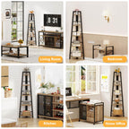 BON AUGURE 5-Tier Corner Ladder Shelf Stand, Black Metal Wood Corner Bookshelf, Narrow Tall Display Bookcase Shelving Unit for Living Room, Home Office, Small Space (Rustic Oak)