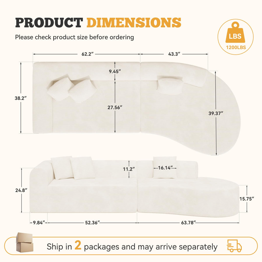 126" Curved Modular Sectional Sofa, Modern Boneless Couches for Living Room,No Assembly Required Cloud Couch,Brown Corduroy Fabric,1 PCS