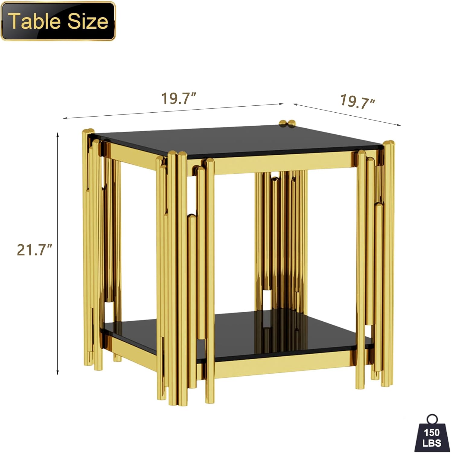 Luxury Gold Square Glass End Table, 19.7" Modern Side Table with Stainless Steel Irregular Leg Clear Tempered Glass Tabletop, Accent Furniture for Living Room, Clear