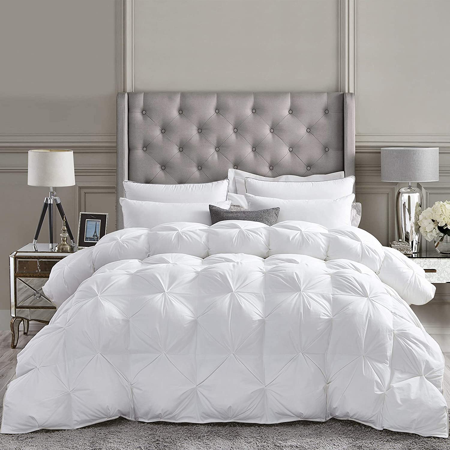 Luxurious White Solid Heavy Weight, Palatial King Size Goose Feathers Down Comforter for Winter Weather, 120 X 98 inches, Premium Baffle Box, 100% Egyptian Cotton Cover, 95 oz. Fill Weight