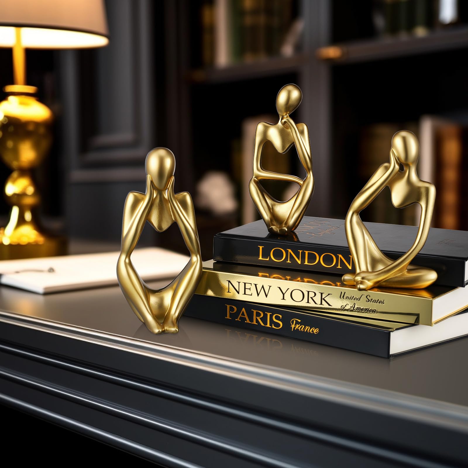 Feifeiya 6 Pcs Gold and Black Color Decorative Book & Thinker Statue Set - 3 Books Accents 3 Thinker Abstract Art Sculpture Home Decoration for Living Room Bookshelf Table Decor