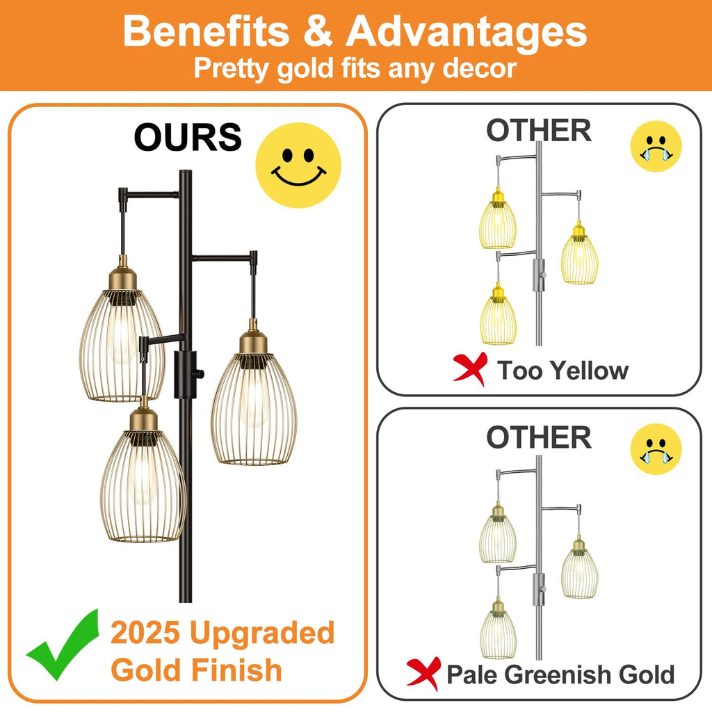 Dimmable Floor Lamp, Industrial Floor Lamps for Living Room, Gold Tree Lamp Standing Lamp Tall Lamps with 3 Elegant Teardrop Cage Head & 800 Lumens LED Bulbs for Living room Bedroom Office Dining Room