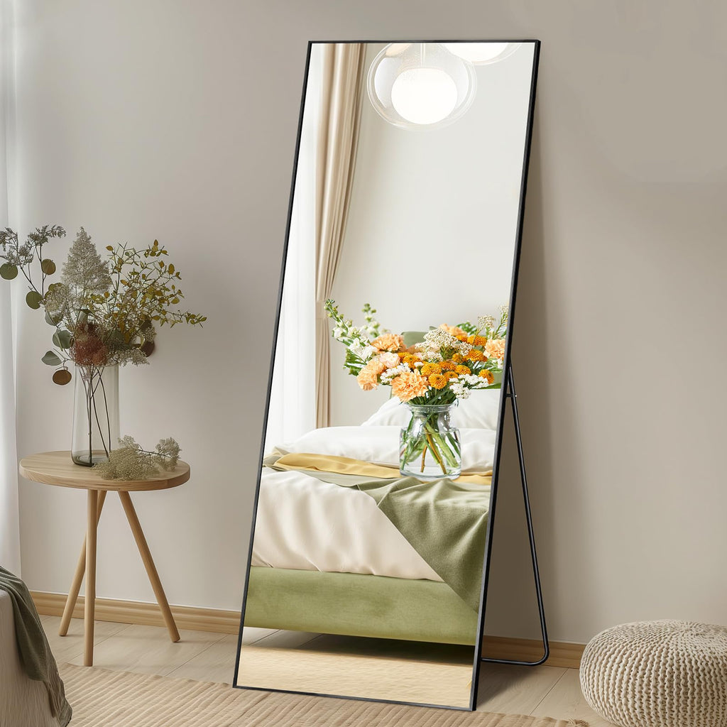 DUMOS Arched Full Length Mirror with Stand 64"x21" Floor Standing Aluminum Frame for Bedroom Body Hanging Leaning Modern Simple Home Decor Shatter-proorf Nano Glass Wall Living Room Cloakroom Black