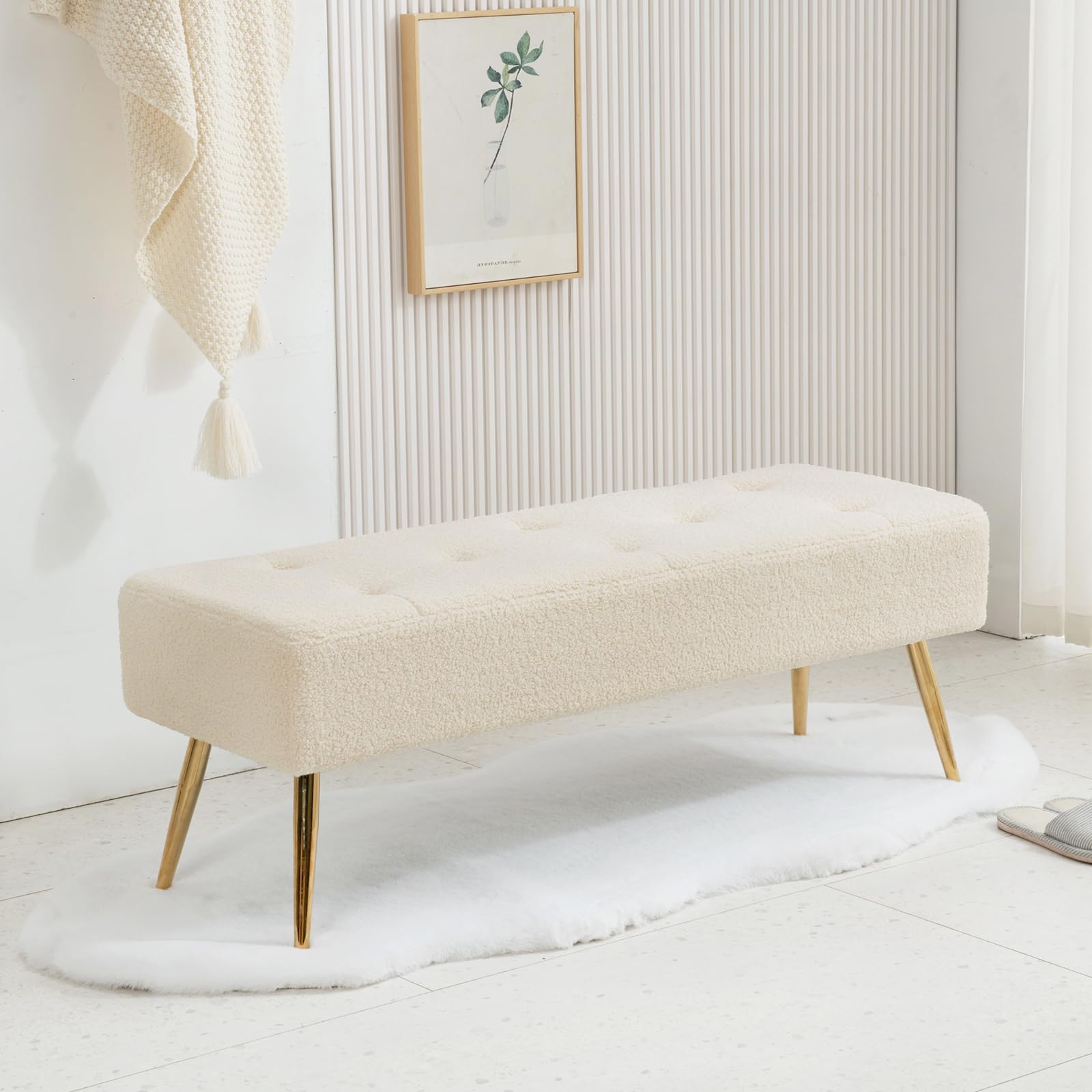 Furnimart 44 Inch Green Velvet Bench Ottoman Comfortable Footrest Stool Table Bench Dining Bench Tufting Bench Indoor Bench with Gold Legs for Living Room Bedroom Entryway (Velvet-Green)