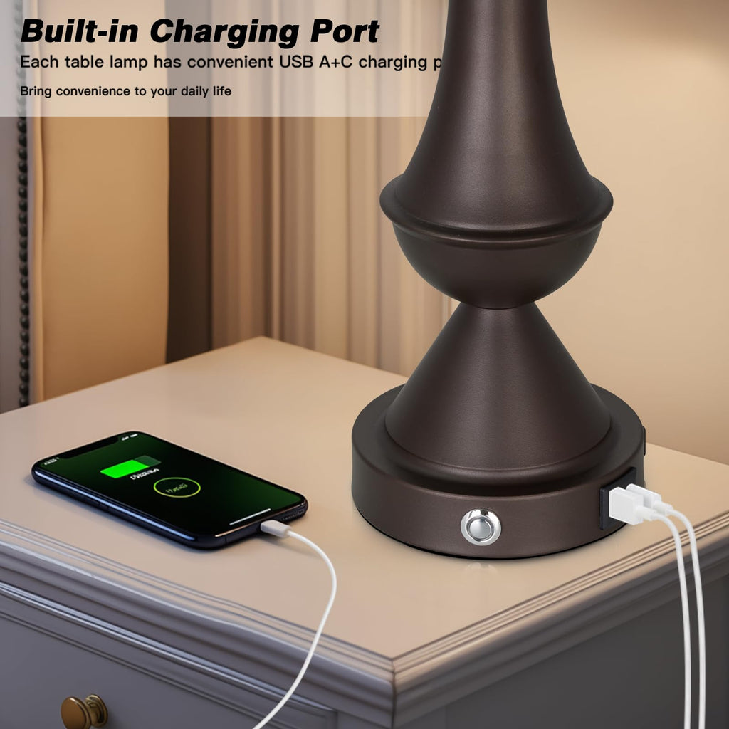 29" Gold Modern Table Lamps Set of 2, 3-Way Dimmable Touch Lamps for Nightstand with USB A+C & Outlets,Brass Lamps for Living Room, Bedroom, Nightstand, Entryway(2 Bulbs Included)