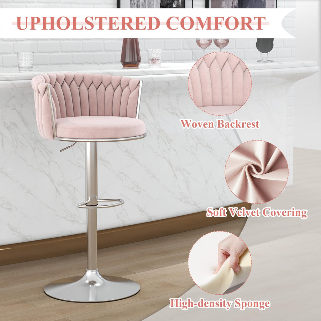 ABET Gold Bar Stool Set of 2, Velvet Swivel Barstools, Height Adjustable Counter Stools with Woven Back, Upholstered Modern Luxury Kitchen Stools with Footrest for Cafe, Pub, Black