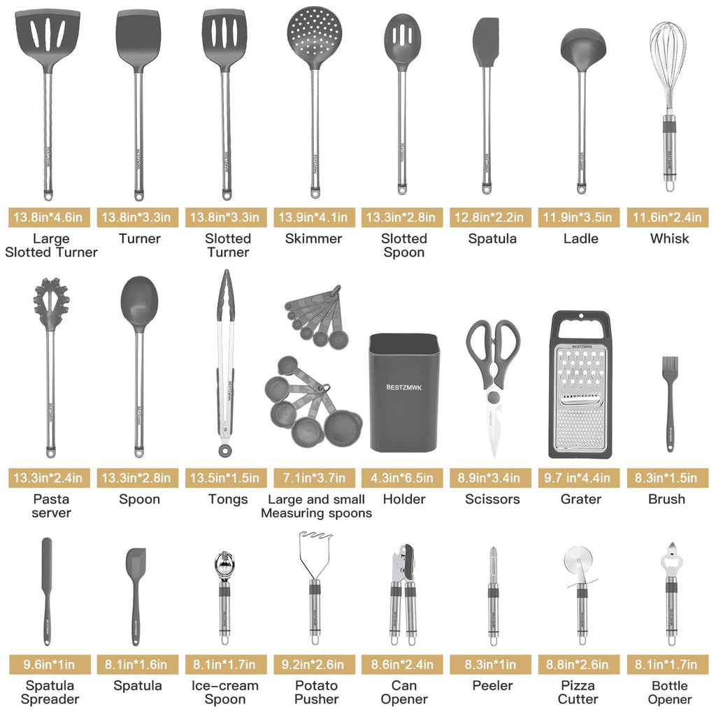 Kitchen Utensil Set-Silicone Cooking Utensils-33 Kitchen Gadgets & Spoons for Nonstick Cookware-Silicone and Stainless Steel Spatula Set-Best Kitchen Tools, Useful Pots (Khaki)