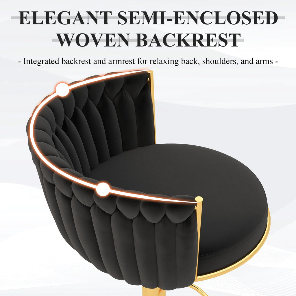 ABET Gold Bar Stool Set of 2, Velvet Swivel Barstools, Height Adjustable Counter Stools with Woven Back, Upholstered Modern Luxury Kitchen Stools with Footrest for Cafe, Pub, Black