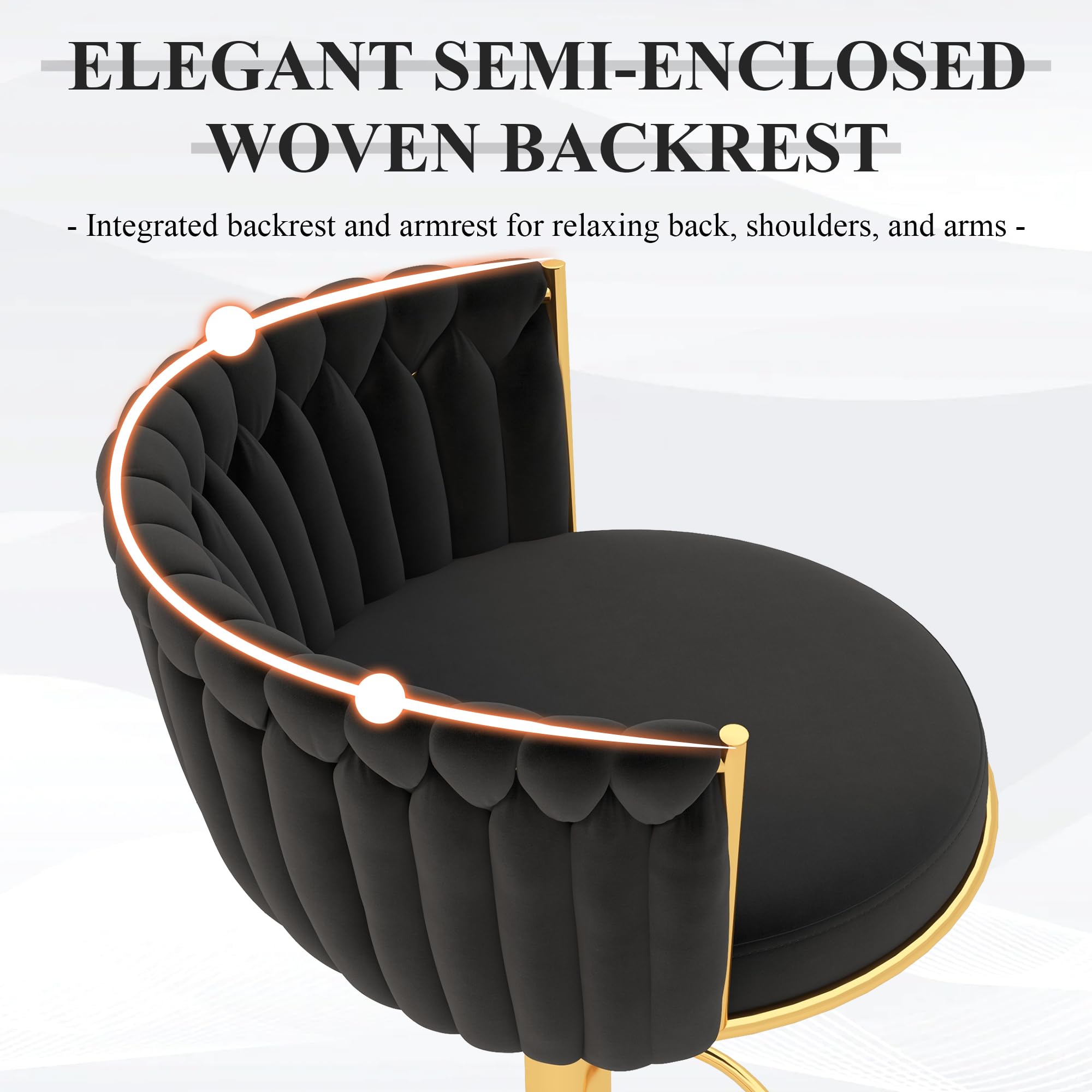ABET Gold Bar Stool Set of 2, Velvet Swivel Barstools, Height Adjustable Counter Stools with Woven Back, Upholstered Modern Luxury Kitchen Stools with Footrest for Cafe, Pub, Black