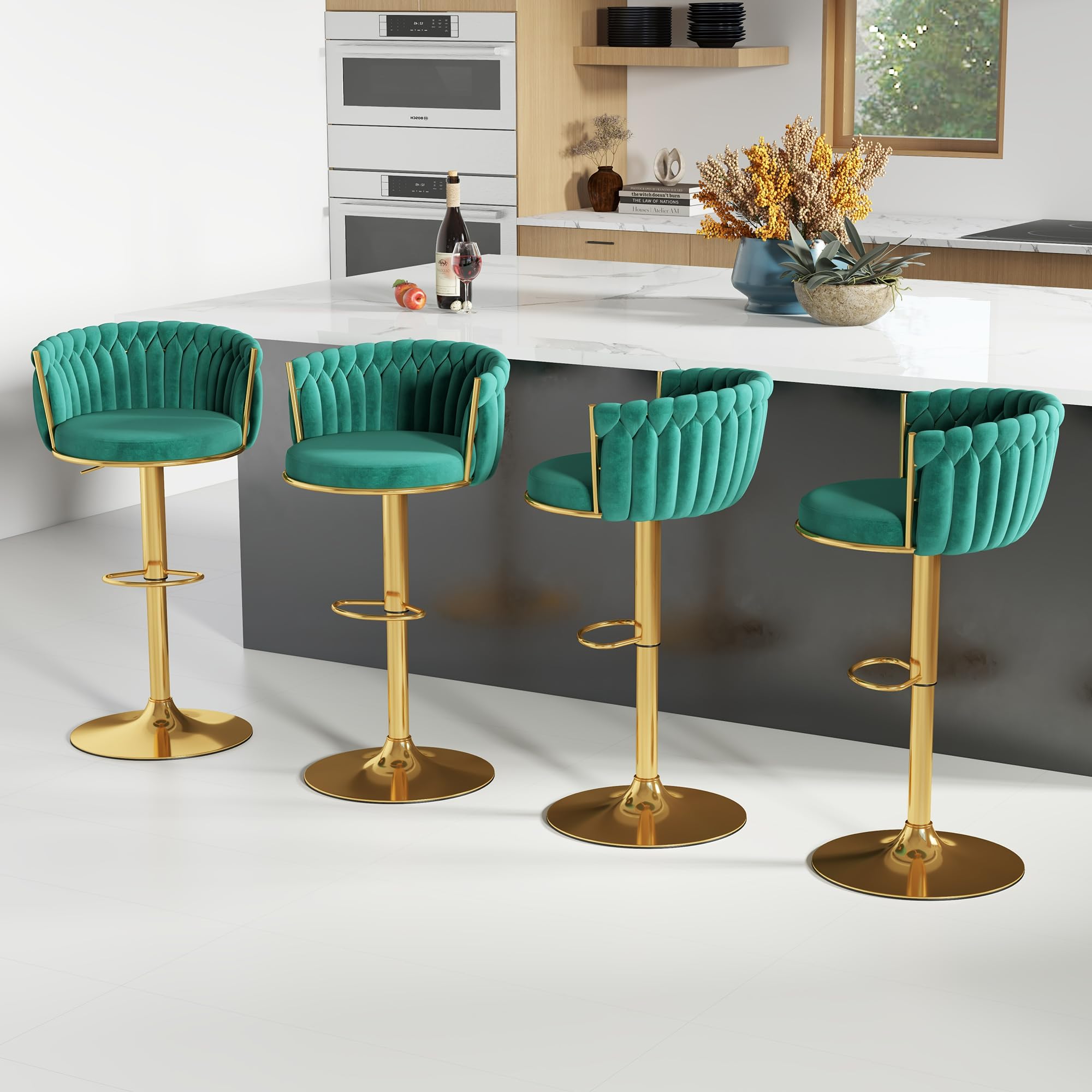 ABET Gold Bar Stool Set of 2, Velvet Swivel Barstools, Height Adjustable Counter Stools with Woven Back, Upholstered Modern Luxury Kitchen Stools with Footrest for Cafe, Pub, Black