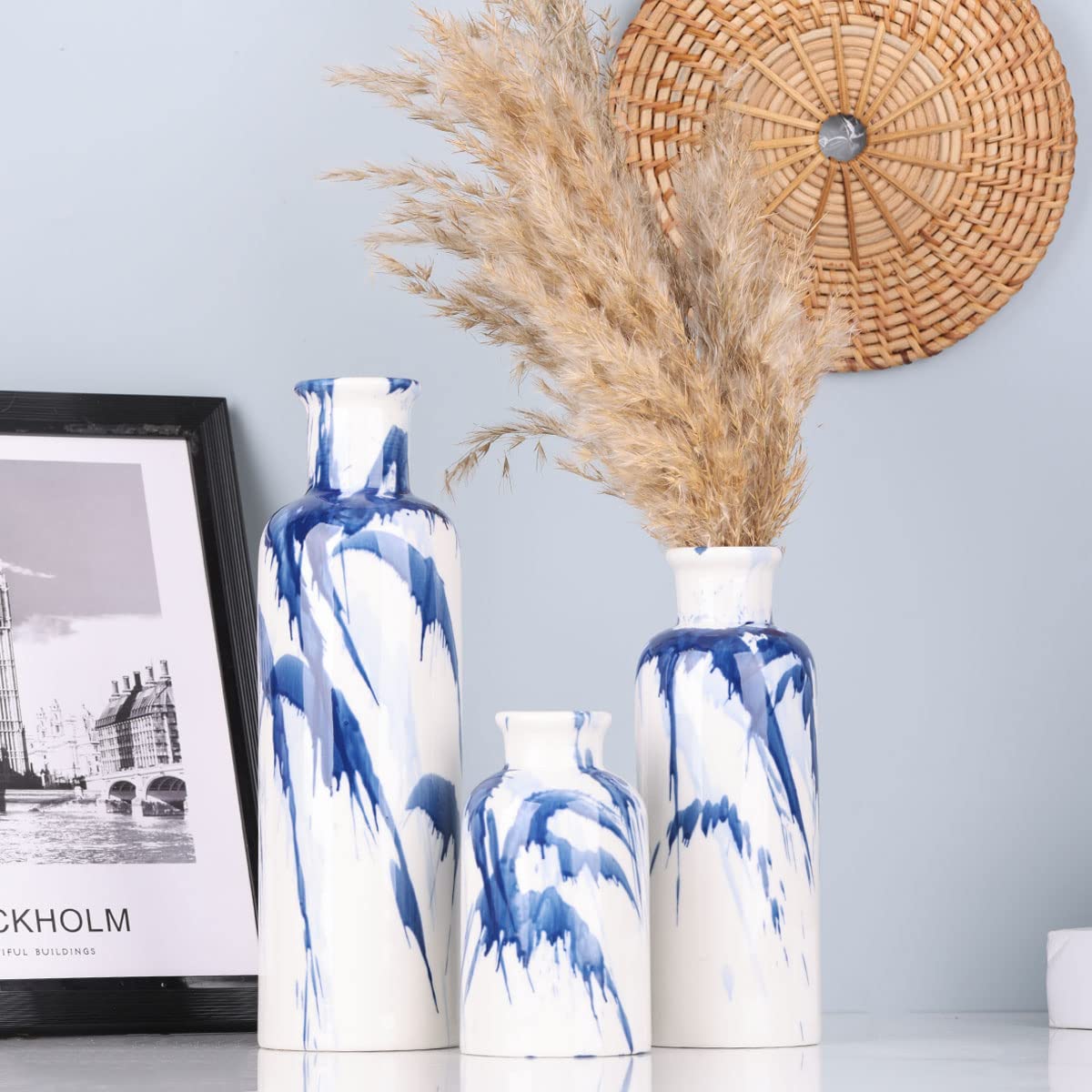 Blue Ceramic Vase Set - 3 Blue Small Vases, Farmhouse Country Flower Vase Home Decor, Living Room Decoration, Table Decoration, Fireplace Decor, and Entrance Decorations Centerpieces