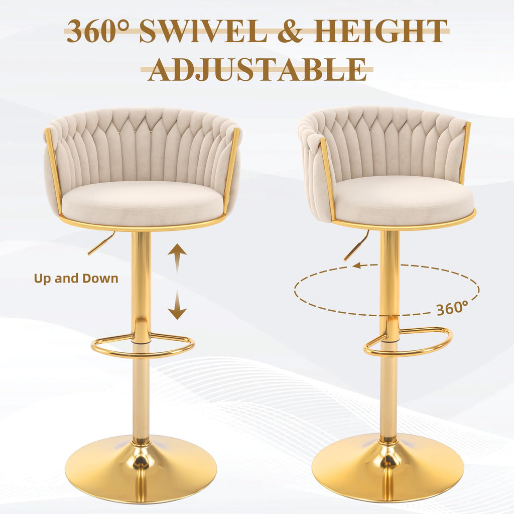 ABET Gold Bar Stool Set of 2, Velvet Swivel Barstools, Height Adjustable Counter Stools with Woven Back, Upholstered Modern Luxury Kitchen Stools with Footrest for Cafe, Pub, Black