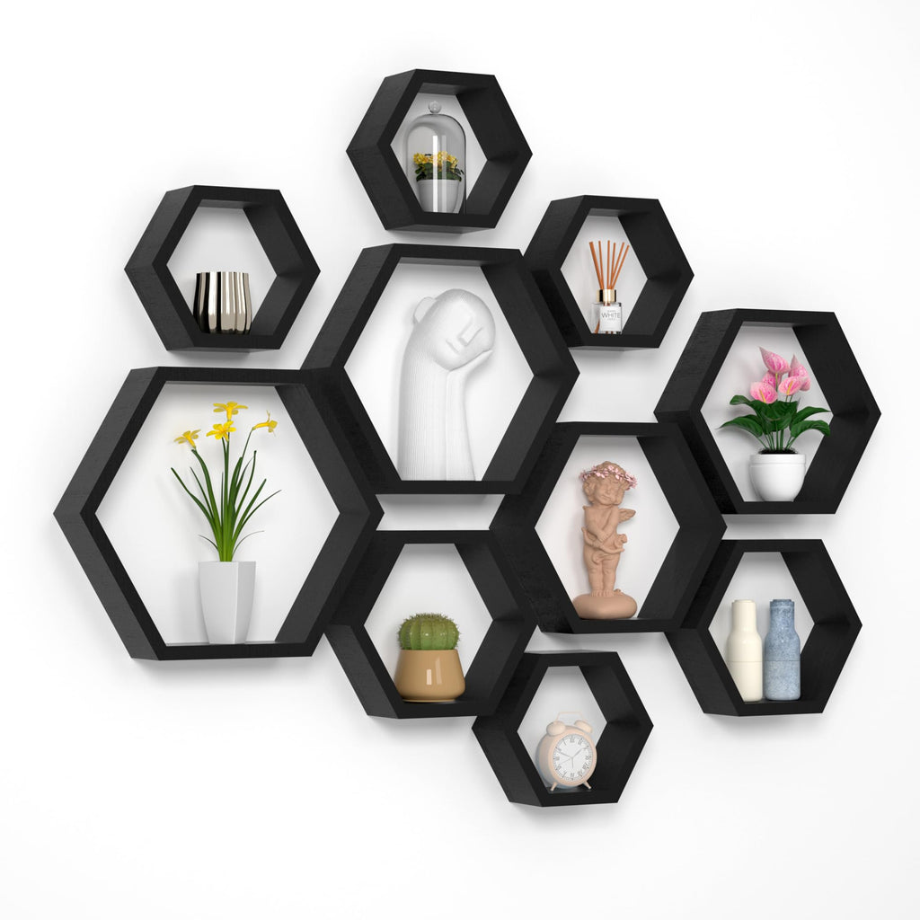 WONFUlity Hexagon Floating Shelves Honeycomb Shelves Wall Mounted Wood Farmhouse Storage Wall Shelf for Bathroom, Kitchen, Bedroom, Living Room,Driftwood Finish Decor,Dark Brwon