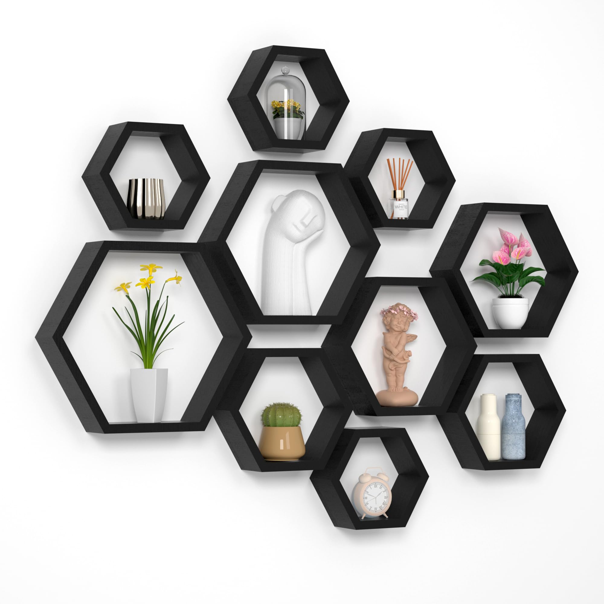 WONFUlity Hexagon Floating Shelves Honeycomb Shelves Wall Mounted Wood Farmhouse Storage Wall Shelf for Bathroom, Kitchen, Bedroom, Living Room,Driftwood Finish Decor,Dark Brwon