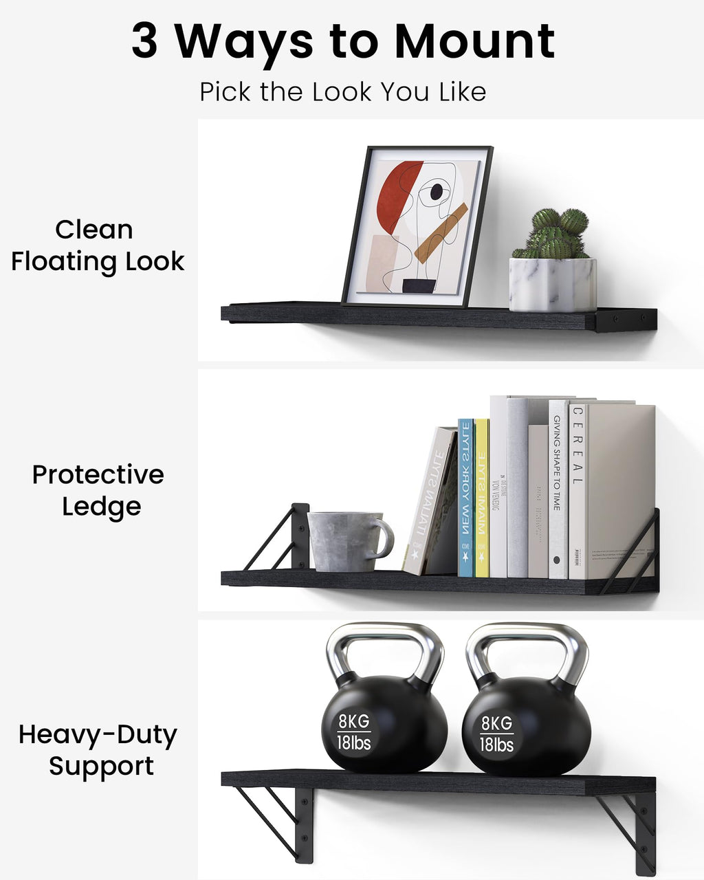 BAYKA Floating Shelves for Bedroom Decor, Wall Shelves for Storage, Wall Mounted Rustic Wood Floating Shelf for Books,Corner Shelf for Bathroom,Kitchen,Living Room(Black and Gold，Set of 4)