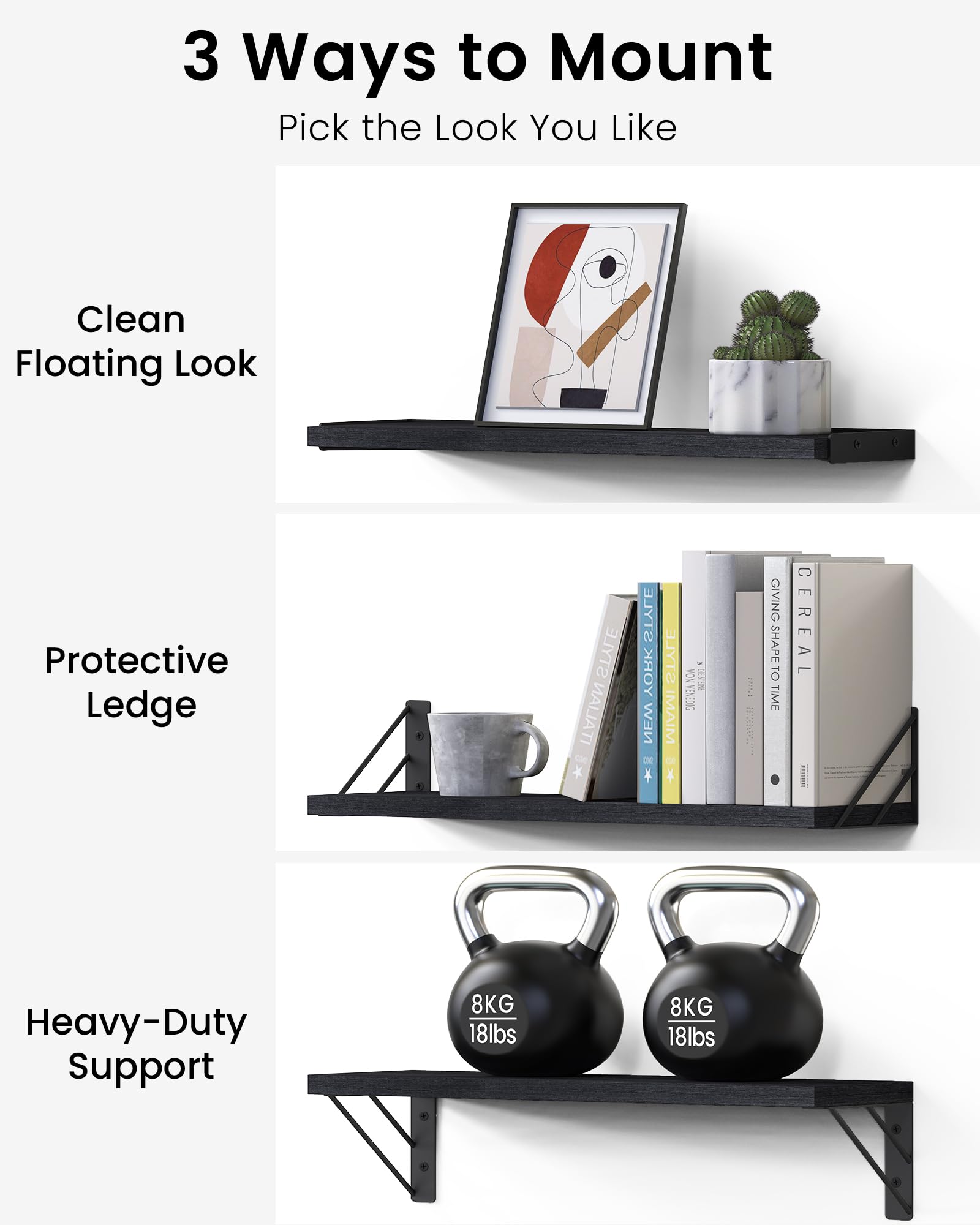 BAYKA Floating Shelves for Bedroom Decor, Wall Shelves for Storage, Wall Mounted Rustic Wood Floating Shelf for Books,Corner Shelf for Bathroom,Kitchen,Living Room(Black and Gold，Set of 4)